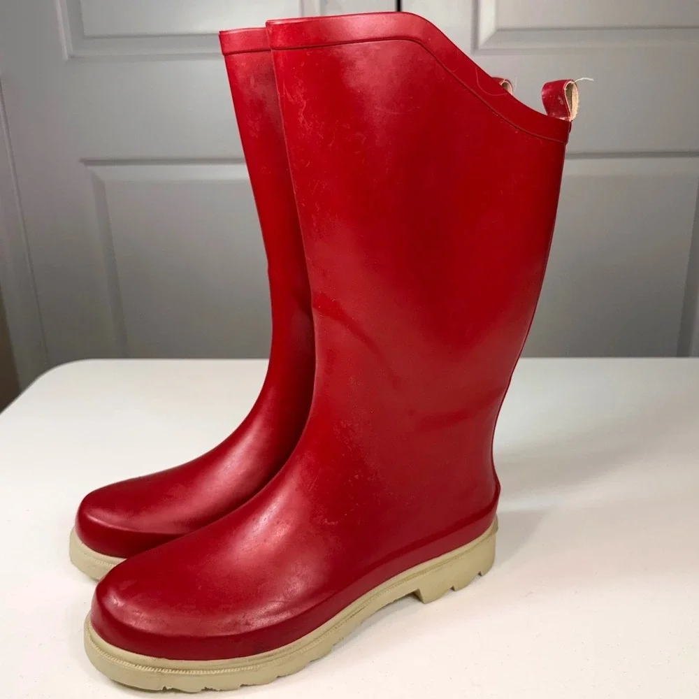 Henry Ferrera Red Rubber Rain Boots Waterproof Tall Lug Sole Women's Size 7
